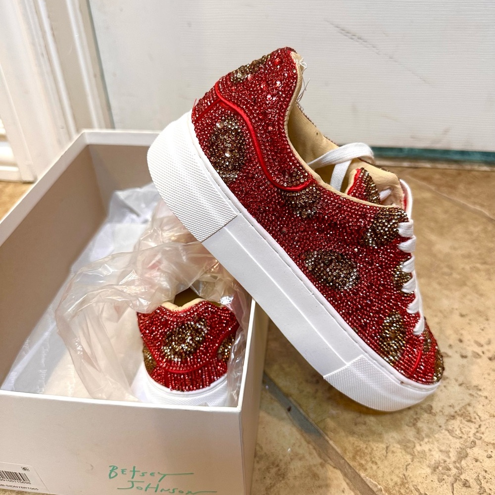 Betsey Johnson Red and Gold Beaded football Sneakers 6.5